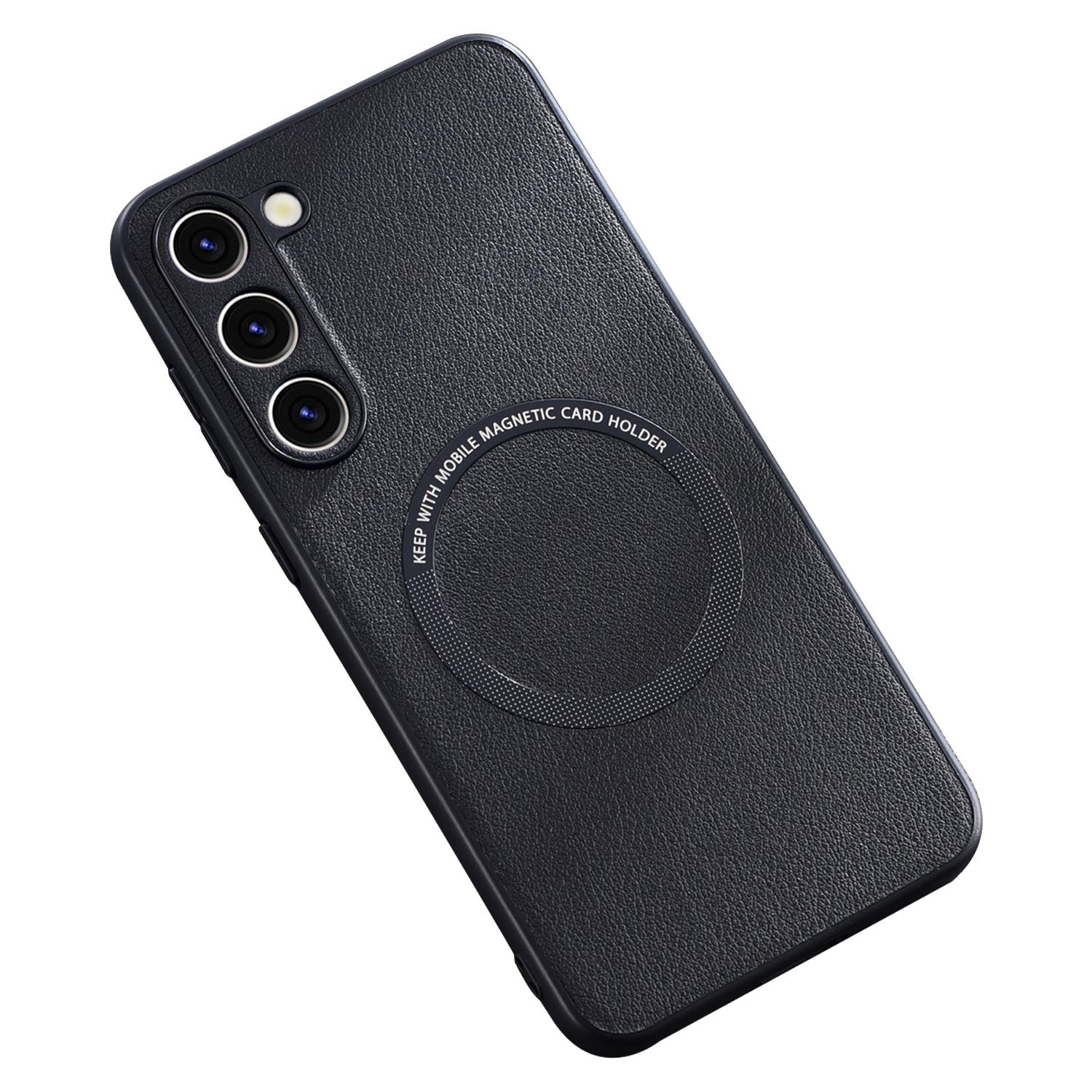 

For Samsung Galaxy S23+ Compatible with MagSafe Charger PU Leather Coated TPU+PC Case Phone Back Cover Black