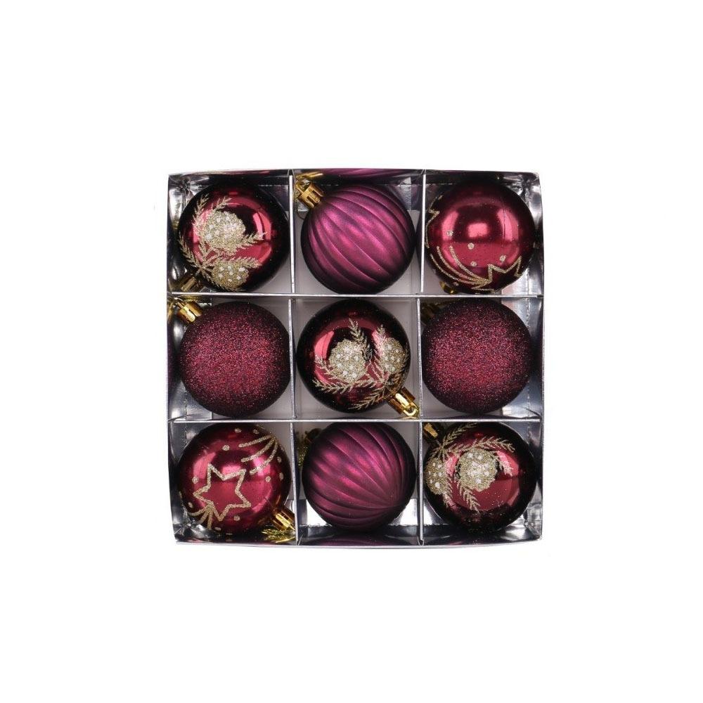 9Pcs/Set Plastic Christmas Balls with Gold Pattern Shatterproof Christmas Balls Pendant Decorative Red Xmas Tree Ornaments
