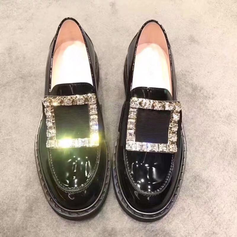 

Fashion Woman Crystal metal buckle flats japanned leather oxford shoes for women 2025 celebrity rhinestone derbies slip on shiny loafers 5