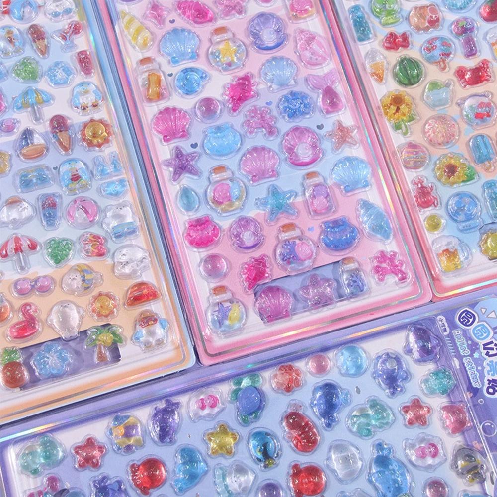 4Pcs Cute Summer Ocean Theme 3D Relief Stickers Kawaii Cartoon Pattern Bubble Decals Waterproof Decorative Notebook Phone Helmet