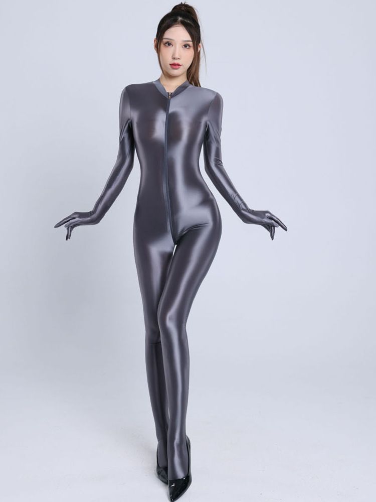 Polished Gleaming Diaphanous Leggings Separate Finger Bodystocking Double Zipper Crotch Free Cut Jumpsuit Bodycon Alluring Clear Conjoined Jumpsuit