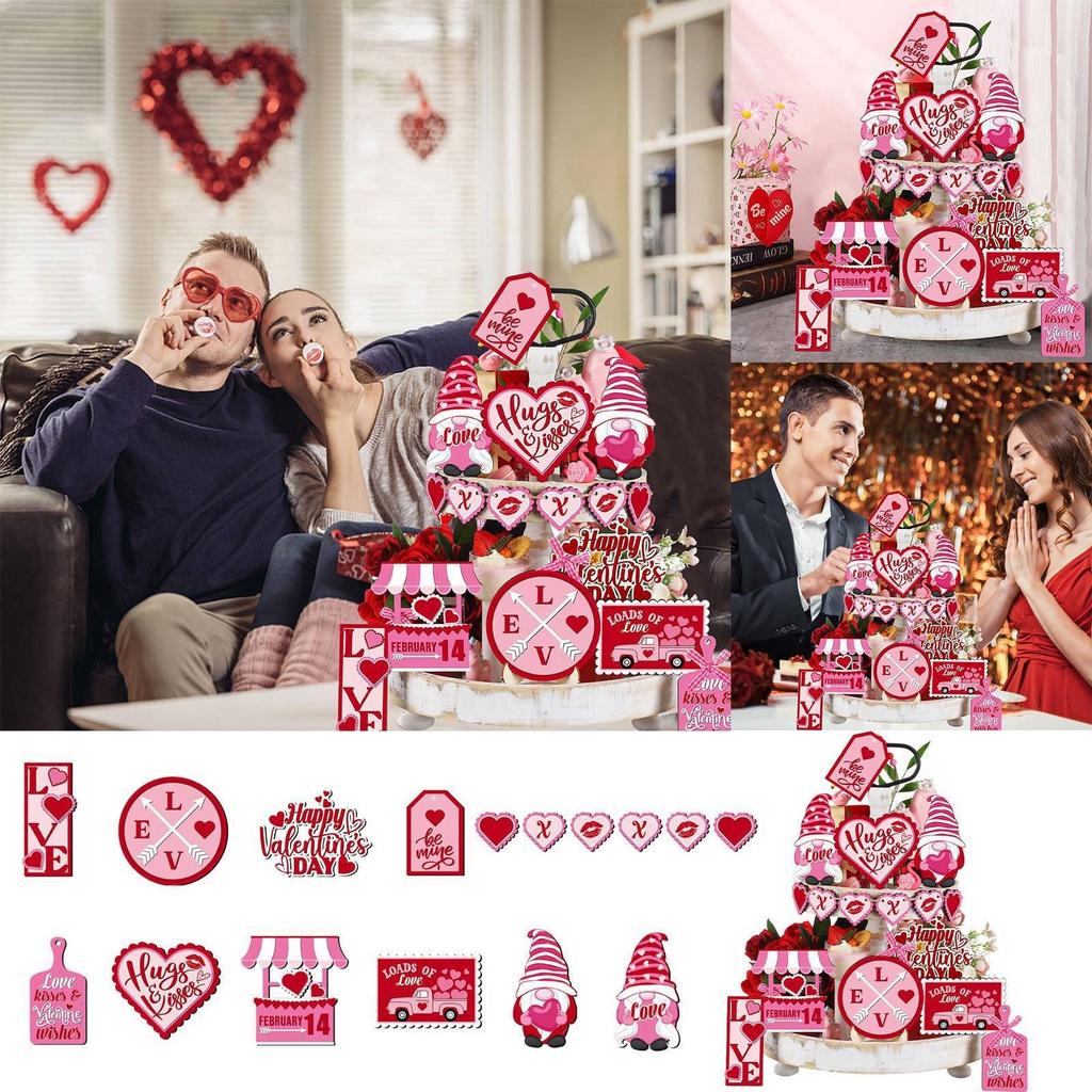 Set de Decoración de Bandeja Escalera para el Día de San Valentín Decoración de Mesa de Madera para el Día de San Valentín Madera Rojo Corazón XXOO Abrazo Regalo para Fiesta de Boda (Enano)