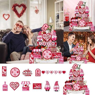 Etagentablett-Dekorationsset zum Valentinstag, aus Holz, Tischdekoration zum Valentinstag, aus Holz, rot, XXOO, Herzumarmung, Hochzeitsfeiergeschenk (Zwerg)