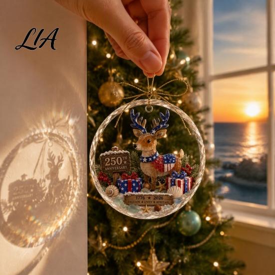 Vintage Christmas Party Supplies 250 Anniversary USA Sea Glass Ornament, 1776-2026 Patriotic Faux Crystal Holiday Season Ornament Clear Keepsake,