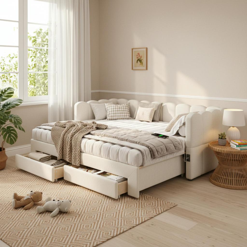 Upholstered Bed, Daybed, Sofa Bed, with 2 Drawers for Storage, Sleeper Sofa, Day Bed 90x190 cm, Extendable to 180 cm, with USB Port, Beige Linen