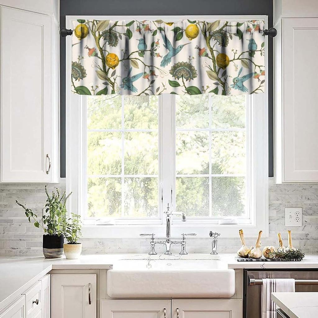 Retro Lemon Kitchen Valance, Summer Blue Birds Lemon Tree Nature Botanical Plants Flowers Hummingbird Spring Print Short Blackout Window Curtain for