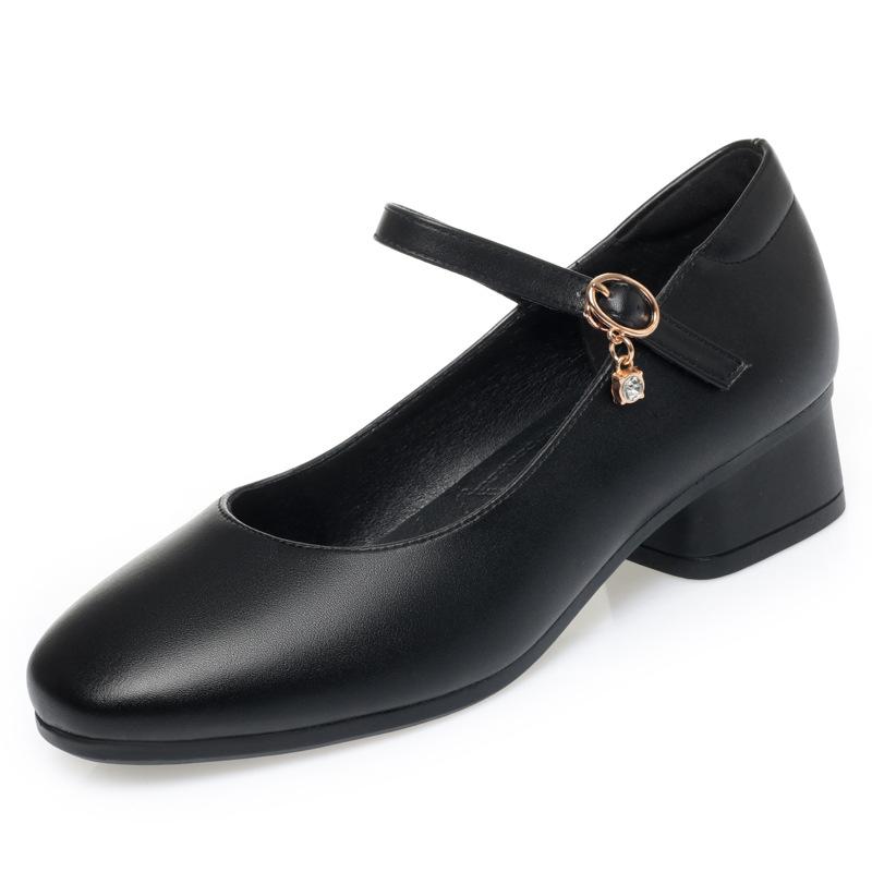 Single Shoes Women's Low Heels, Soft Leather Soft Sole Comfortable Women's Leather Shoes Round Head Thick Heel with Cheongsam One-button Women's Shoes