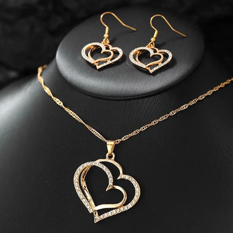 3 PCS Set Heart Shaped Jewelry Set of Earrings Pendant Necklace for Women Exquisite Fashion Rhinestone Double Heart Jewelry Set