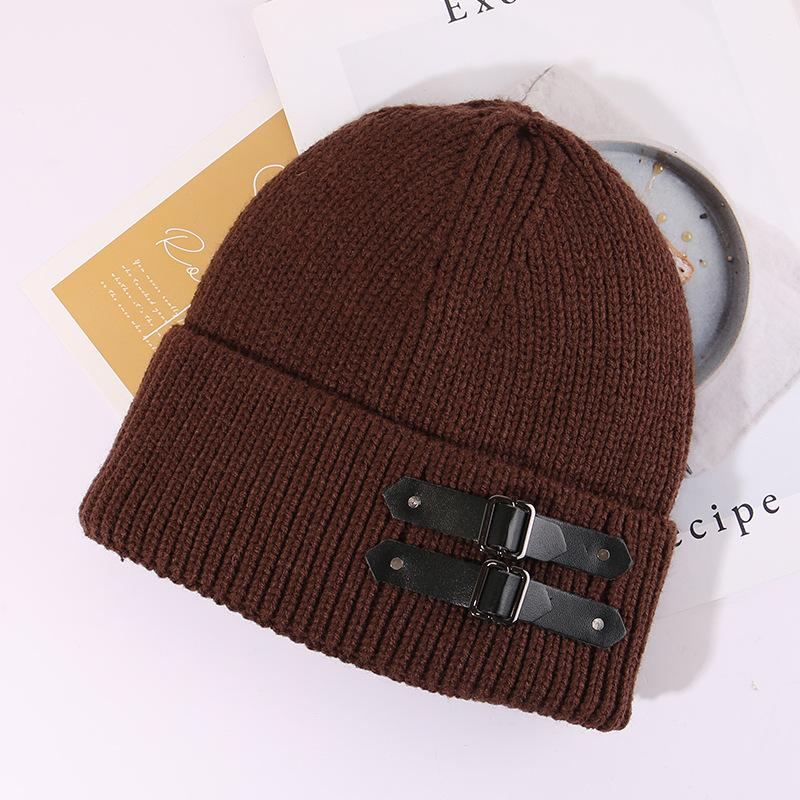 American Leather Buckle Knitted Cold Hat for Men and Women In Autumn and Winter Small Versatile Wool Hat Warm and Cold Hat