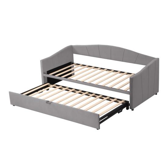 Upholstered Bed Extendable Sofa Bed 90/180x200cm with Slatted Frame, Multifunctional Bed Made of Skin-Friendly Velvet Fabric
