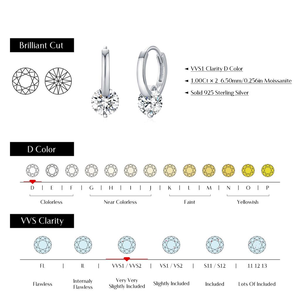 1.0CT D Color Moissanite Hoop Earrings 925 Sterling Silver Luxury Buckle Earrings For Women Wedding Fine Jewelry Gifts