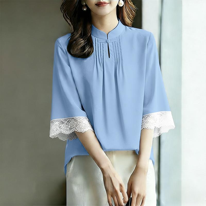 ZANZEA Women Casual Stand Color Lace Splice 3/4 Sleeve Loose Blouse S синий