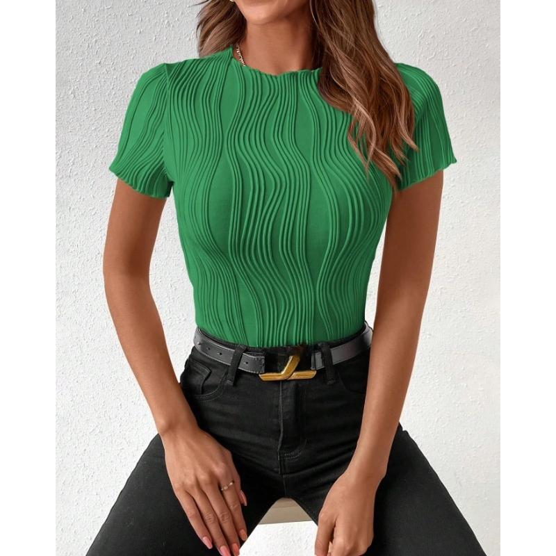 Summer Round Neck Slim Fit Short Sleeved T-shirt Elegant Simple Top Fashion Street Wear Casual Solid Color Blouse Pleated Office Shirts Tees