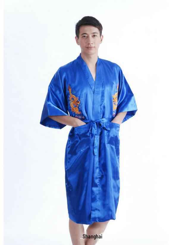 Men's Retro Long Dragon Embroidered Silk Tang Suit Pajama Robe