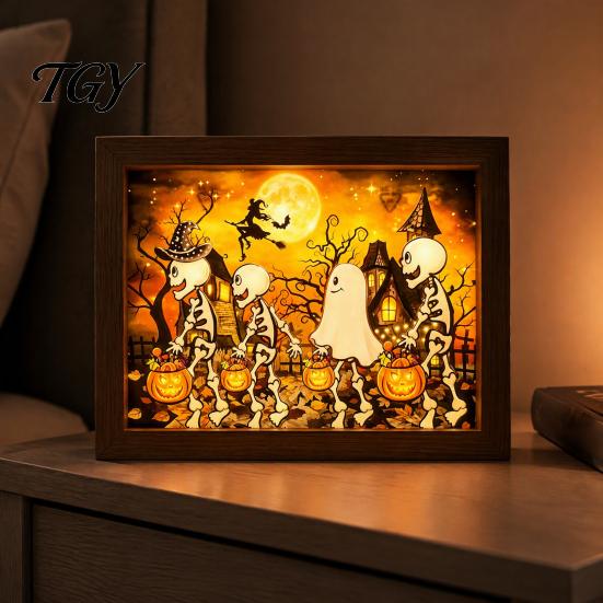 Modern Holiday Home Accents Ghost Photo Frame Lamp, Halloween Lighted Shadow Box, Seasonal Shelf Gothic Skeleton Table Centerpiece for Bedroom Living