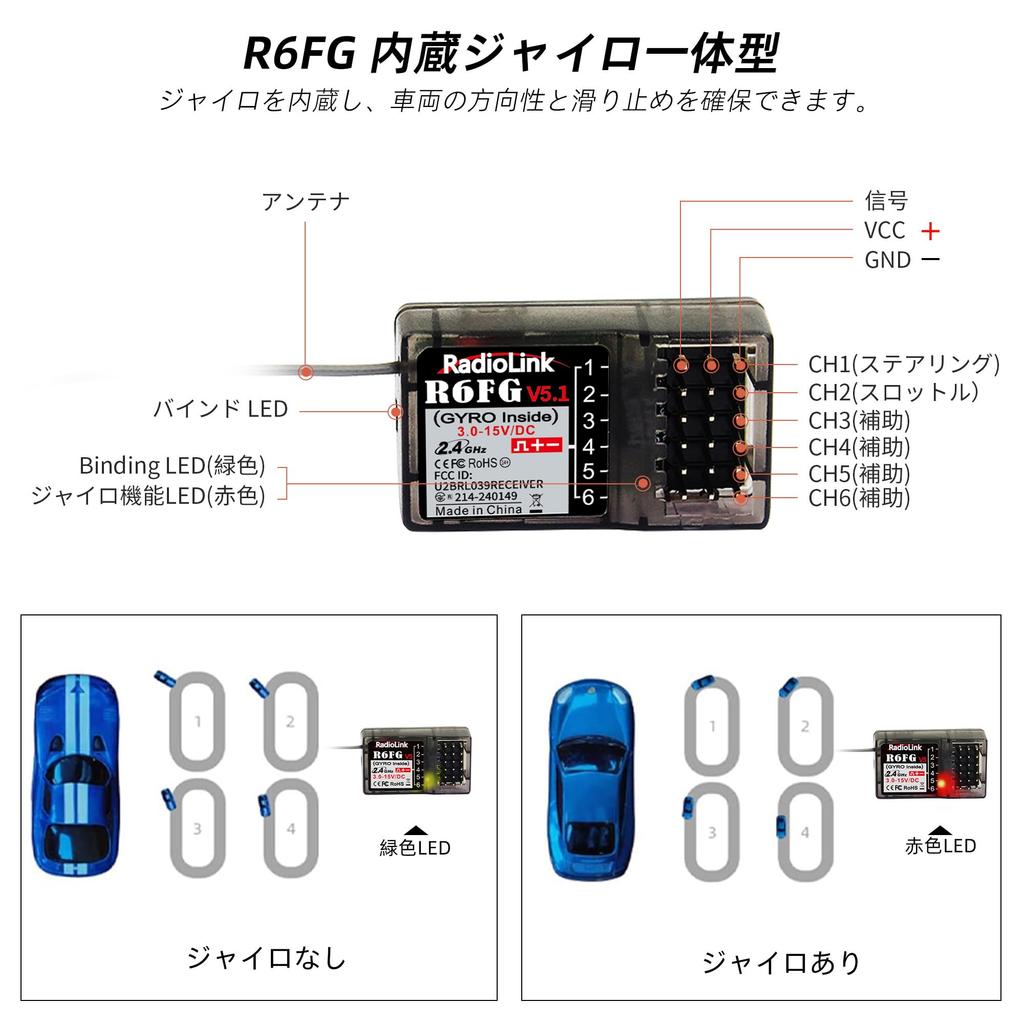 Radiolink R6FG Gyro Receiver, 6-Channel 2.4GHz RC Waterproof Receiver with Voltage Telemetry, 400M Long-Range Control, for RC Crawlers, Drift Cars,