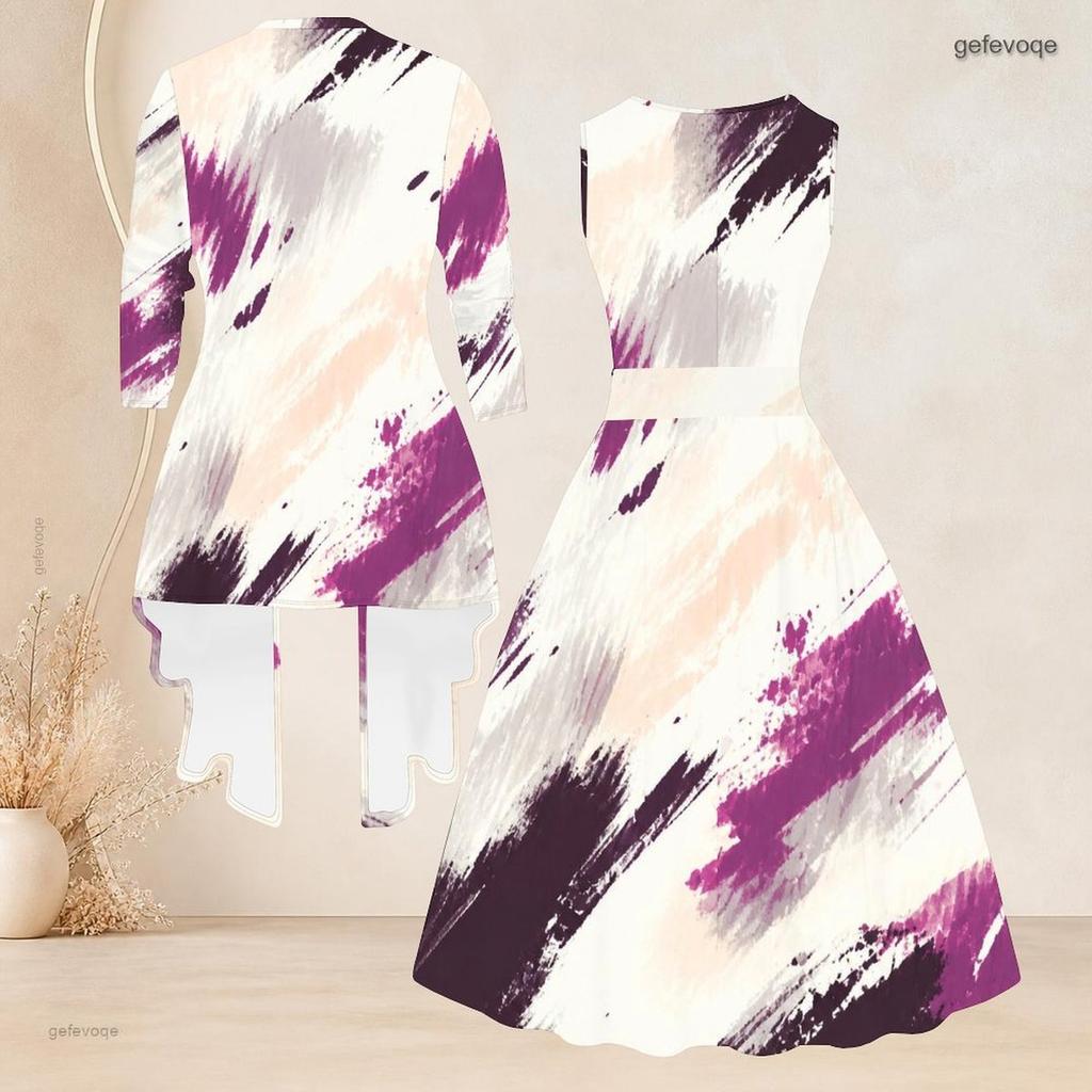 Women Plus Size Blue Marble Printed Two Piece Set Sleeveless Tie Waist Flared Dress Three Quarter Sleeve Cardigan