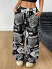 Women Y2K Wide Leg Pants, Milk Silk Loose Casual Trousers, Graffiti Letter Print Elastic Waist Pants for Daily Streetwear