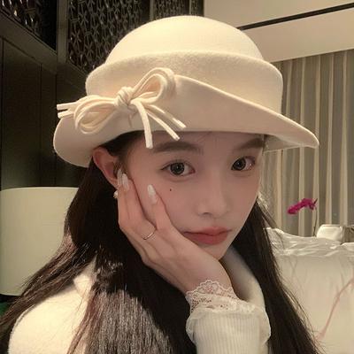 Pearl Bow Wool Hat Women's New Autumn and Winter Fisherman Hat High Weight Australian Wool Flip Brim Hat