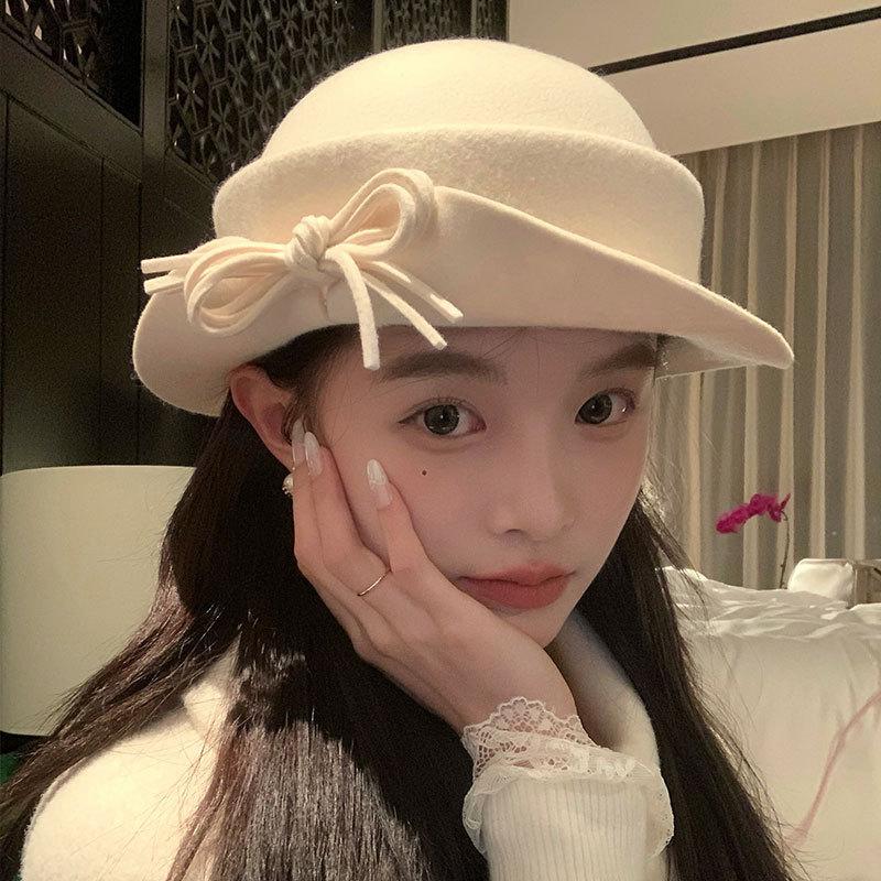 Pärlrosett Ullhatt Dam Ny Höst och Vinter Fiskarhatt Hög Vikt Australisk Ull Uppfällbar brätte Hatt