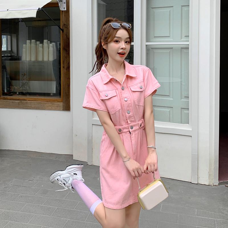 Real Shot: Summer Hong Kong-Style Korean Short-Sleeve Denim Dress - Fashionable Waist-Slimming Design for Women