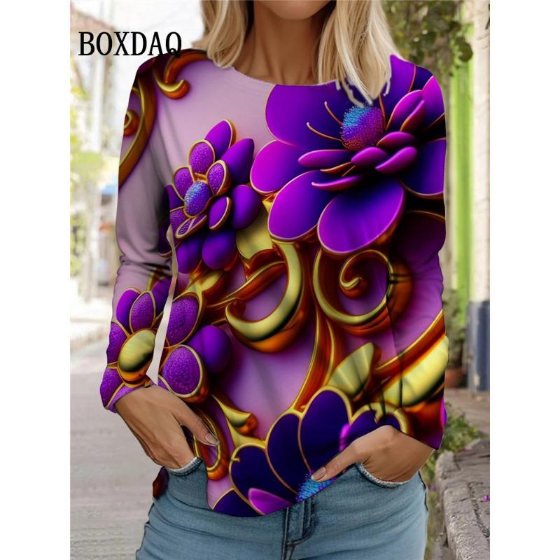 Rosenblumen Schmetterling T-Shirt Damen Batikdruck Langarmtops Übergroß Herbst Winter Lässiger Pullover Damenkleidung