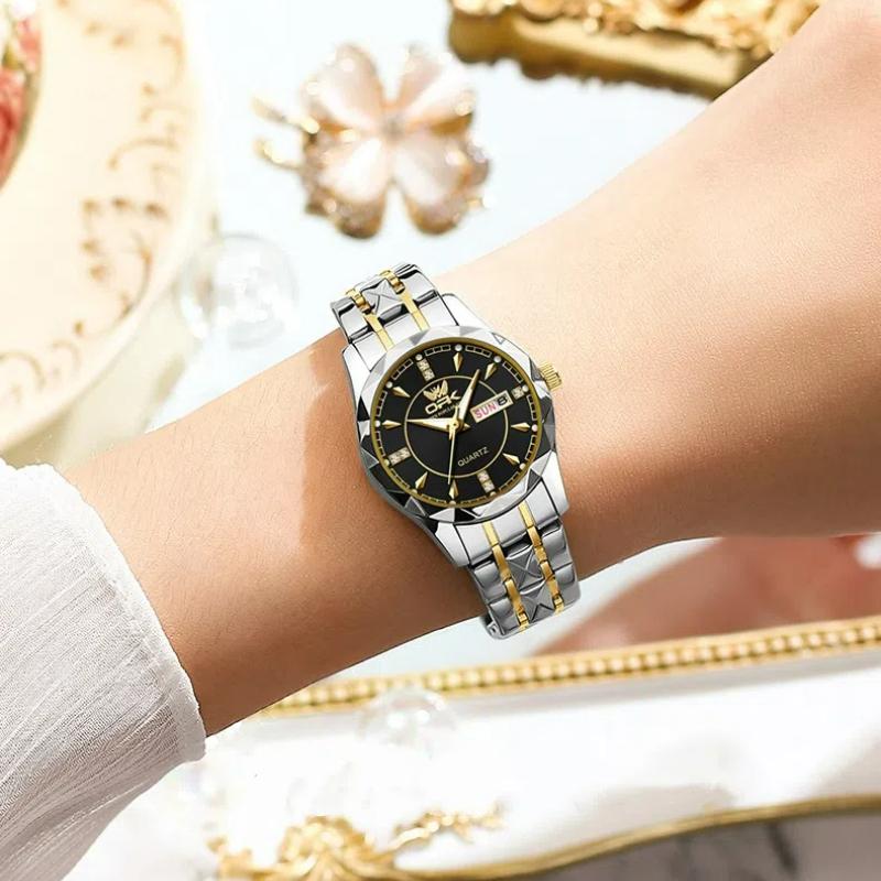OPK Damenuhren Luxusmode Damen Quarz Uhr Wasserdicht Leuchtend Datum Edelstahl Armbanduhr Freundin Geschenke