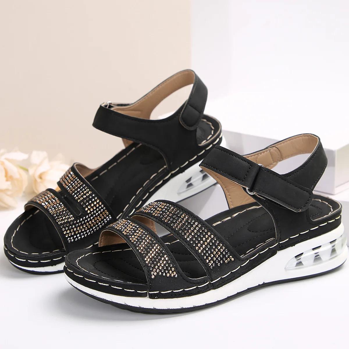 

Fashion Peep Toe Women s Sandals Summer Wedge New Retro Rhinestone Paltform Casual Sandals Women Outdoor Beach Shoes Ladies Sandalias 36 чёрный