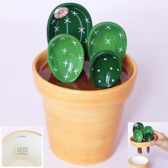 4Pcs Flower Measuring Spoons Set, Ceramic Nesting Measuring Cups with Stand, Cute Kitchen Baking Tool for Coffee Tea, Gift for Bakers