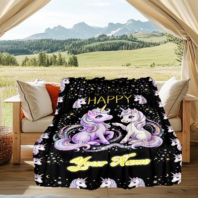 1PC Custom Name Unicorn Celebration Flannel Blanket Versatile,all-season Throw Suitable for the Living Room,bedroom,camping,travel,and Gift
