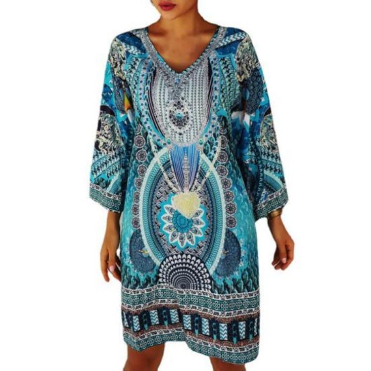 Retro Ethno-Print Sommerkleid Damen Langarm V-Ausschnitt Weich Atmungsaktiv Locker Knielang Lässig Täglich Midi-Kleid