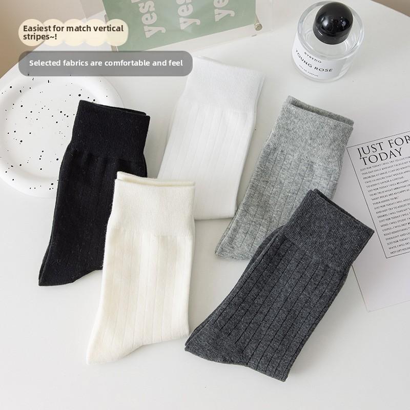 5 Pairs Black Socks Women's Mid-calf Socks Tide Cotton Spring and Autumn Models of Solid Colour Hundred Matching Sports Summer White Long Socks