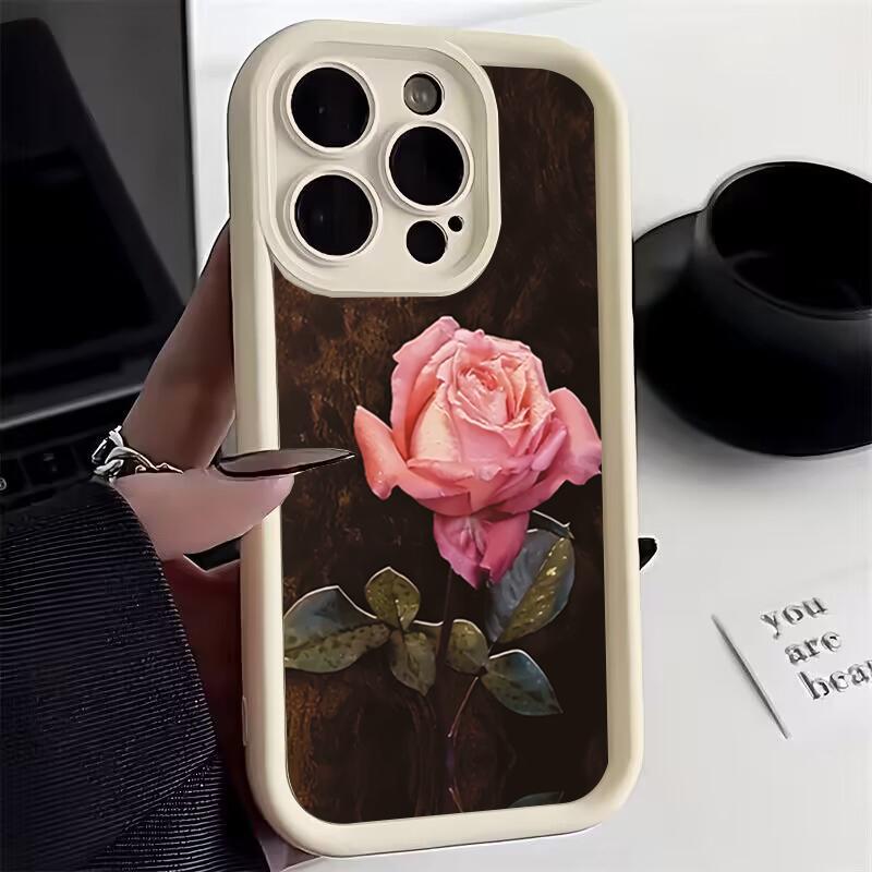 Aesthetic Rose Floral Pattern Silicone Phone Case For iPhone 16 Pro Max 15 14 13 12 11 7 8 Plus X XS XR SE 16E Shockproof Cover