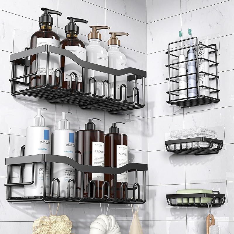 EUDELE Adhesive Shower Caddy, 5 Pack Rustproof Stainless Steel Bath Organizers With Large Capacity, No Drilling Shelves for Bathroom Storage & Home XL size