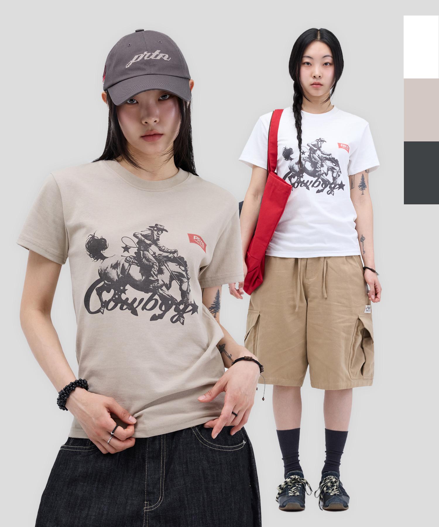 Fortena [2Pack] Western Cowboy Graphic Short Sleeve T-Shirt-3Color White