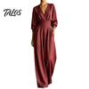 Simple Design Jumpsuit Women's Long Sleeve Jumpsuit, Deep V Neck Loose Wide Leg Everyday Wear Rompers, High Waist Summer Casual One Piece Outfits with