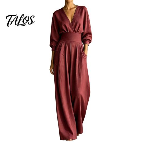 Simple Design Jumpsuit Women's Long Sleeve Jumpsuit, Deep V Neck Loose Wide Leg Everyday Wear Rompers, High Waist Summer Casual One Piece Outfits with