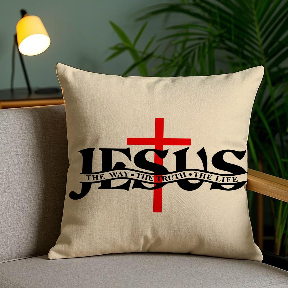 Christian Jesus The Way Truth Life Cushion Cover Plush Fabric Double-Sided Printed Invisible Zipper Sofa Pillow Case Home Decor