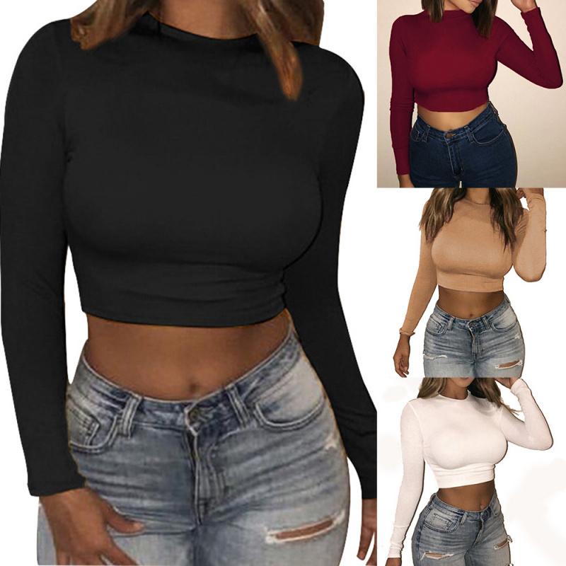 2026 Fashionable Solid Color Short Slim Fit Cropped Long Sleeve T-Shirt for Women with Round Neck