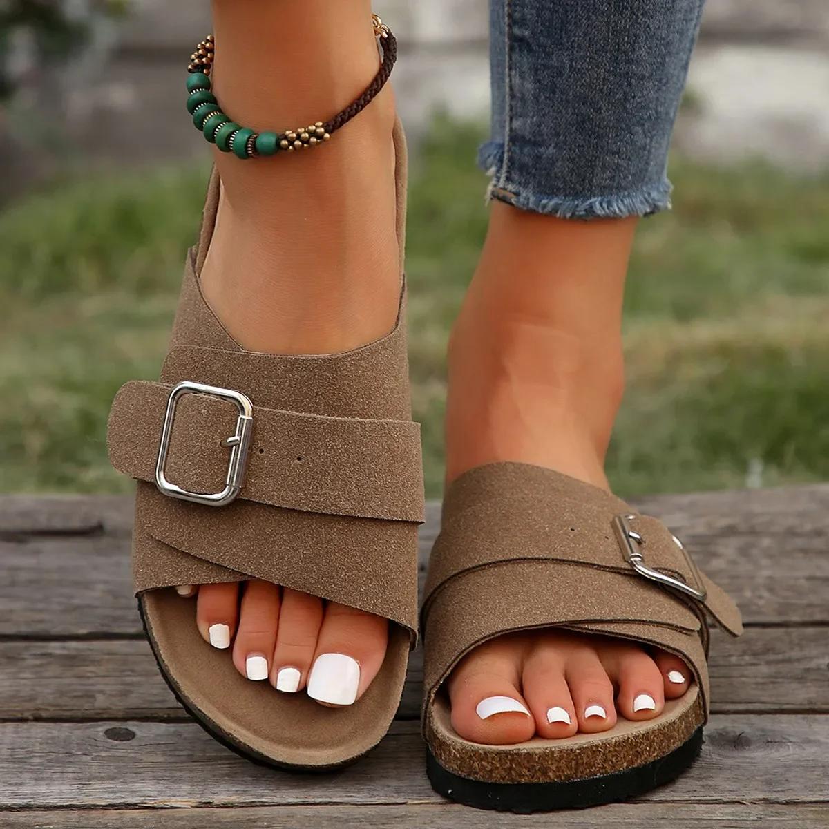 

Женские сандалии Летние новые ретро женские сандалии Туфли с ленивым каблуком Пробковая подошва Высокие туфли для женщин Дизайнерские сандалии 42 коричневый