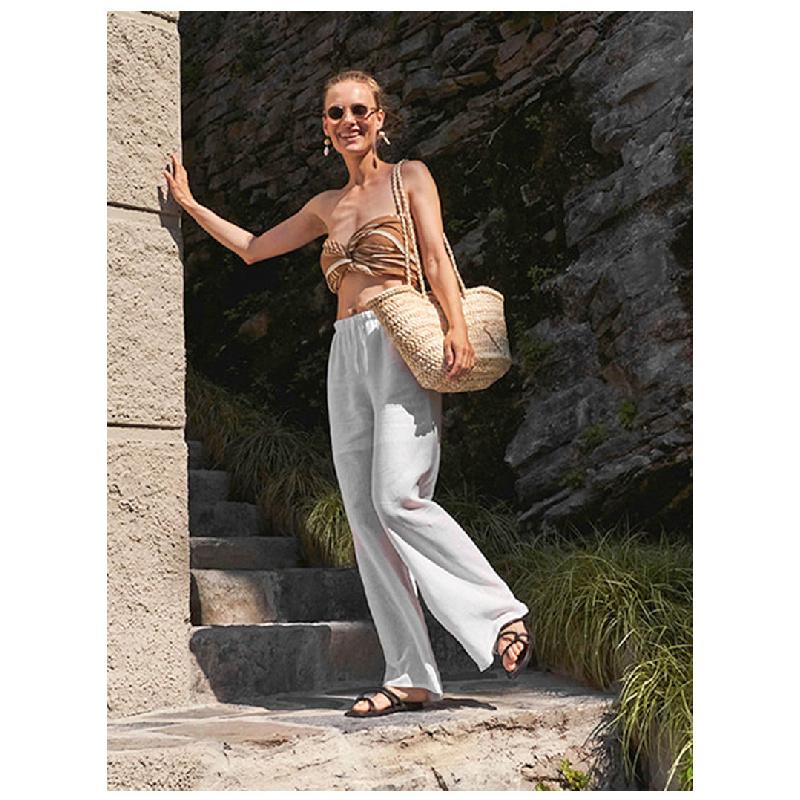 White linen tencel wide-leg women's pants, spring/summer high-end loose simple straight-leg pants, paper-thin cotton-linen casual women's trousers