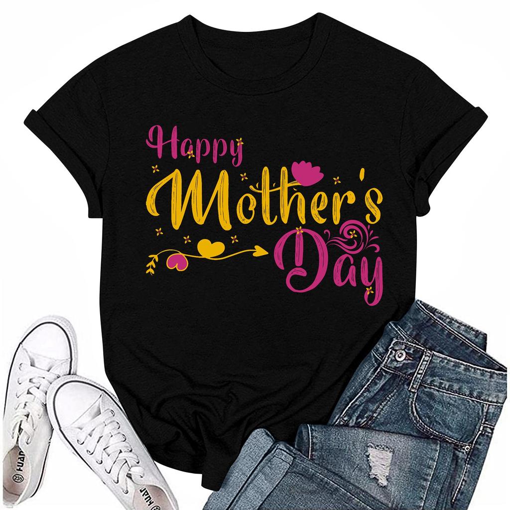 Adults Casual Daily Round Neck Printed Short Sleeved T-shirt Letter Top