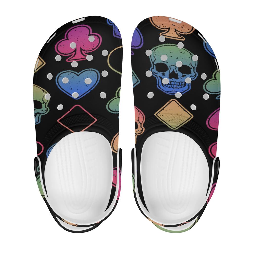 White EVA Clogs with Neon Heart Print, Lightweight Slip On Garden Shoes, Breathable Beach Sandals, Indoor Outdoor Slippers for Men Women