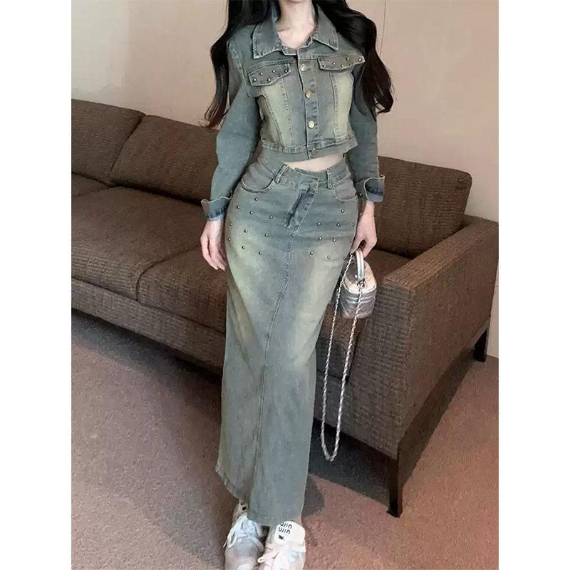 Fashion Denim Suit Women's Spring New Short Denim Jacket Medium and Long Hip-wrapped Slim Skirt Two-piece Set