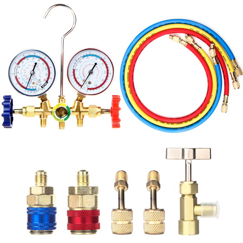 New Air Conditioning Pressure Gauge with Hose and Hook 3 Way AC Diagnostic Manifold Gauge Set for Freon For R12 R22 R404A R134a