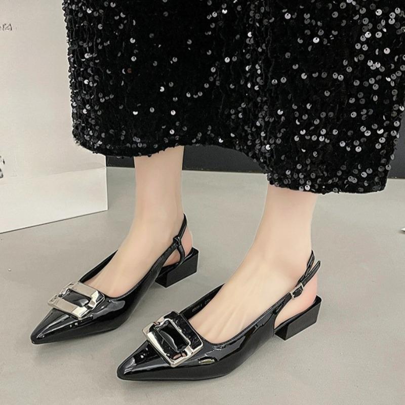 Pointed Toe Square Buckle Low Heel Baotou Sandals Women's New Versatile Block Heel Patent Leather Back Empty Single Shoes