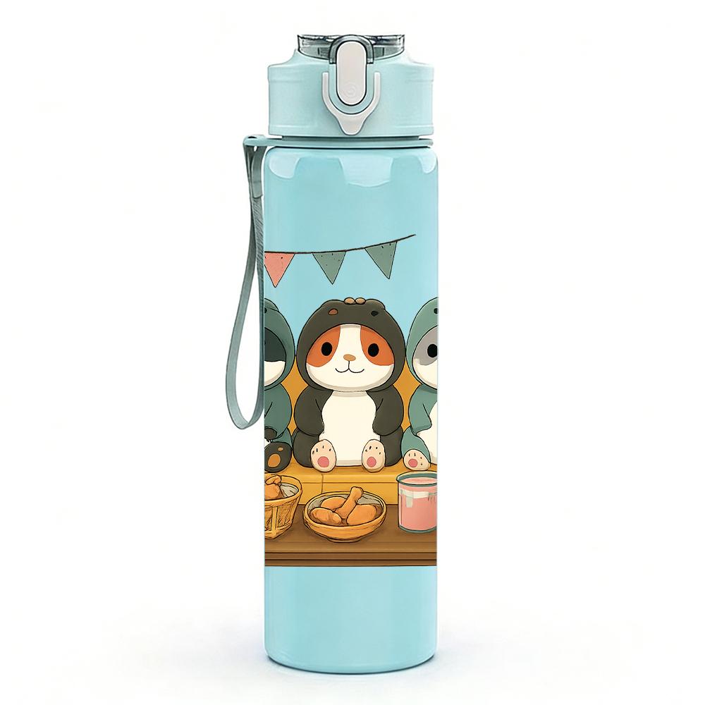 1PC Three Relaxed Cartoon Cats 750ml Color Plastic Sports Water Bottle Leakproof Flip Straw Lid For Sports Office Home Use