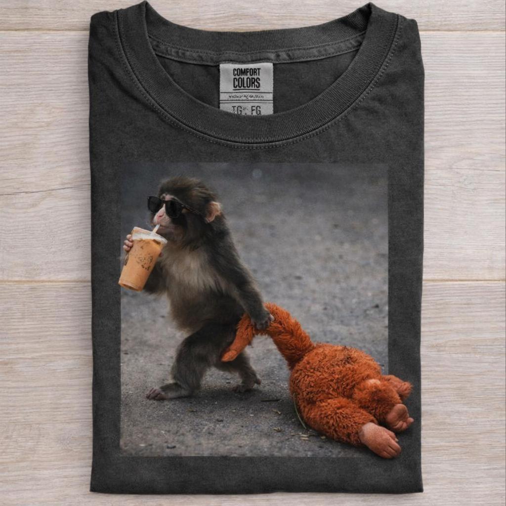 Comfort Colors® Baby Monkey Punch Drinking Iced Coffee Shirt, Animal Lover Gift, Trendy Tee