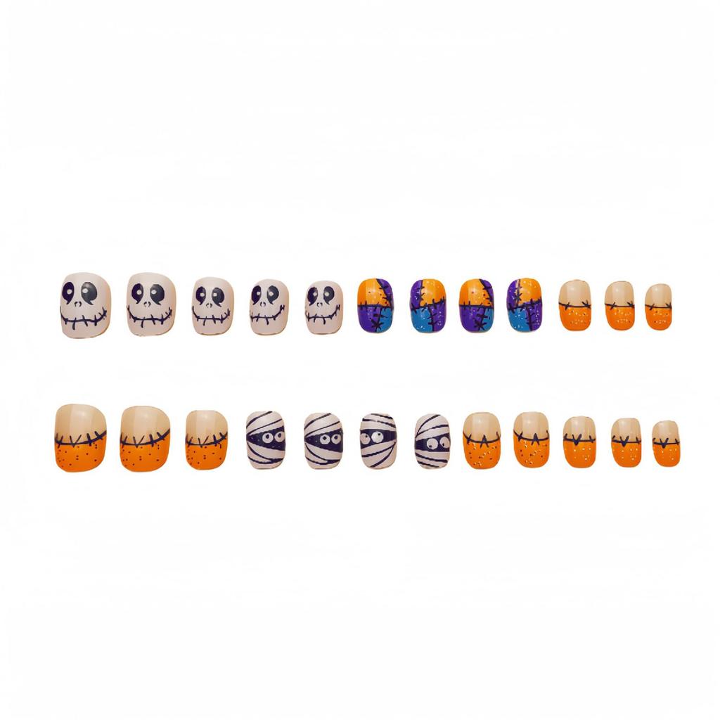 24 Pcs Halloween Press On Nails Short CEWEWP Square Cartoon Fake Nails Mummy Patch Press Ons Nail Tips Orange French Glue On Nails with Terror