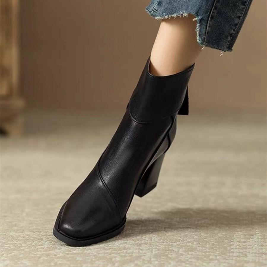 Women's Vintage Brown Chunky Heel Ankle Boots, 2025 Autumn/Winter Martin Style with Back Zipper High Heel.